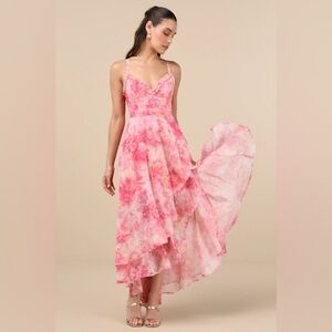 Lulus Desdra pink floral ruffle tiered high low maxi dress